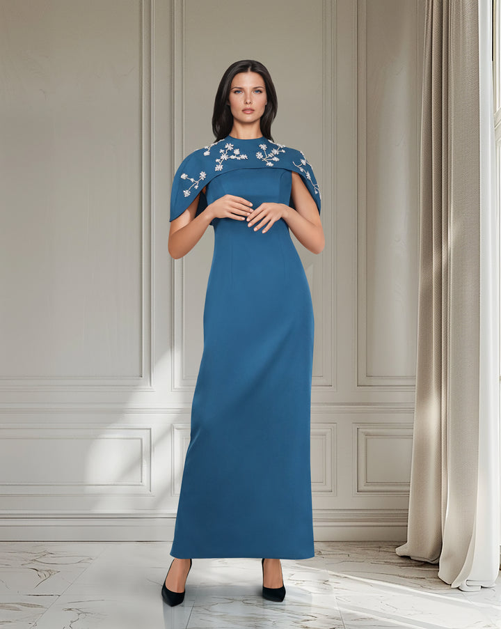 Blue column dress with beaded Capelet  - SURIYA