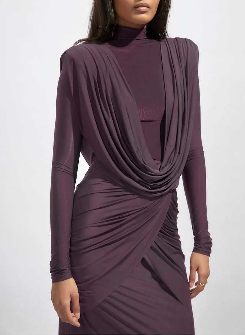 Draped high-neck gown with gathered detailing – AMARA