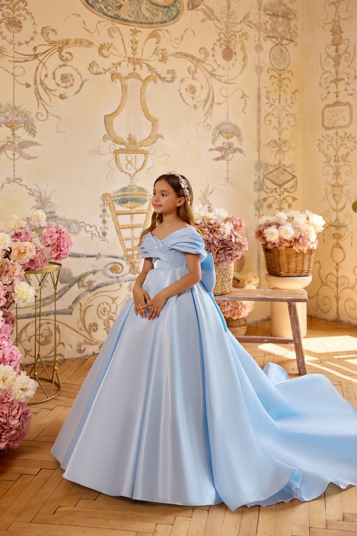 Off-Shoulder Satin Ball Gown with Back Bow Detail – AURORA
