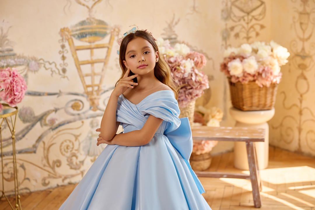 Off-Shoulder Satin Ball Gown with Back Bow Detail – AURORA