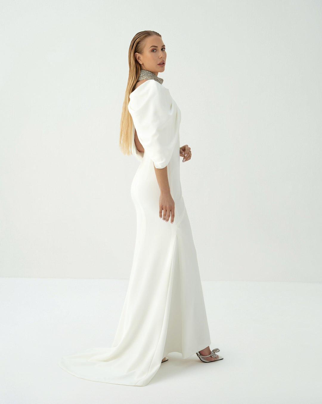 Beaded collar dress with shoulders cape-Selby