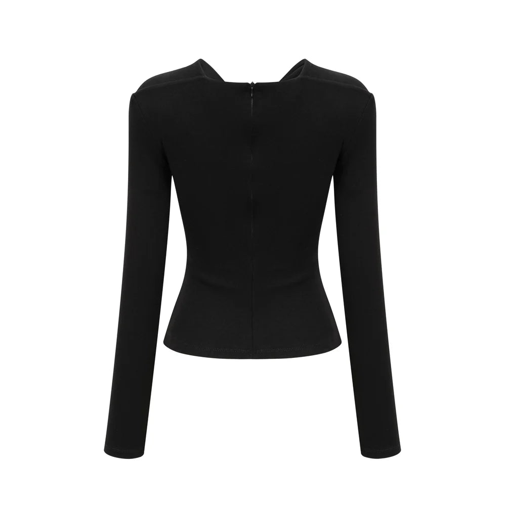 off-shoulder draped top with gold clasp detail – SERAPHINE