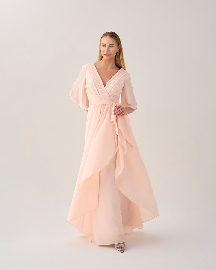 Ruffle column dress with pleated front