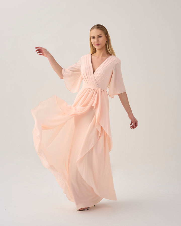 Ruffle column dress with pleated front