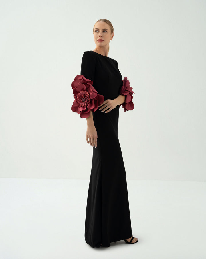 Black column dress with flowered sleeves - LIVIA