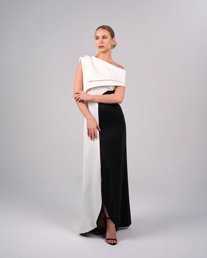 Shoulder off bicolour dress with geometrical shapes - AILLE