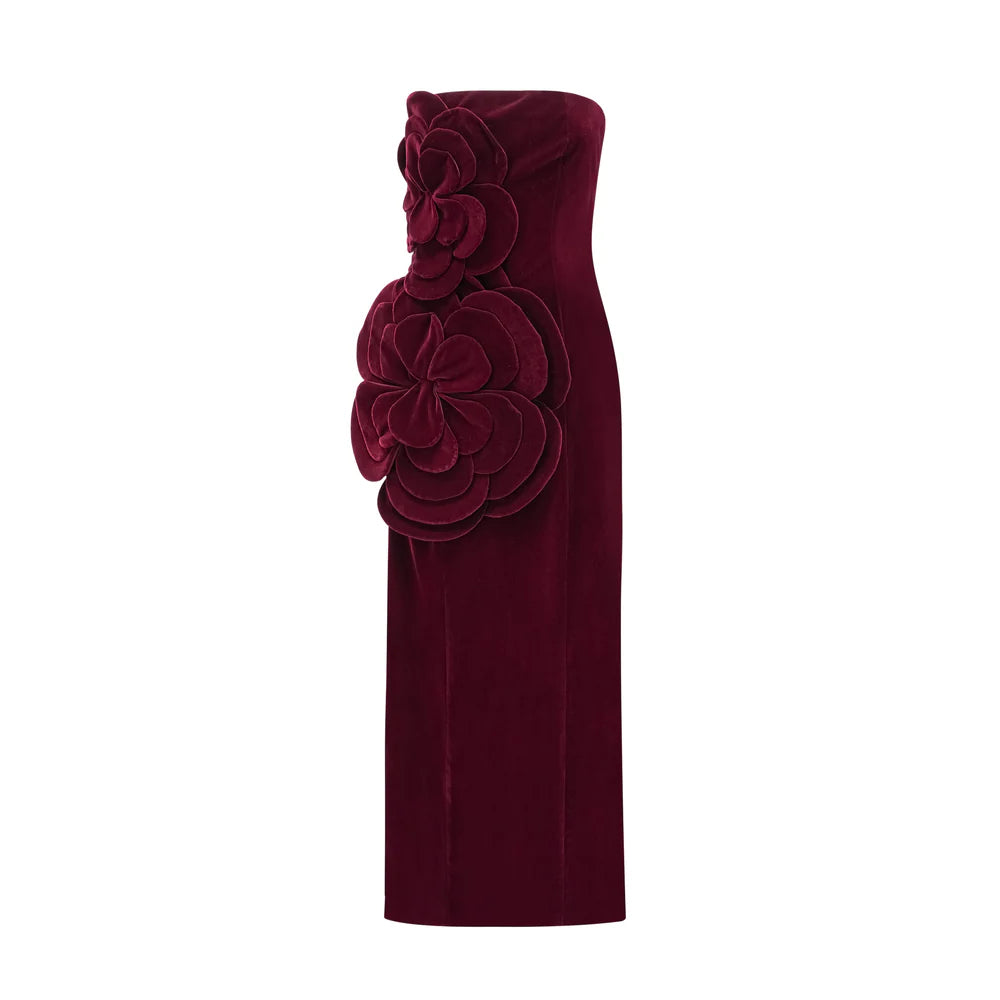 strapless velvet column dress with sculpted floral appliqué – BORDEAUX