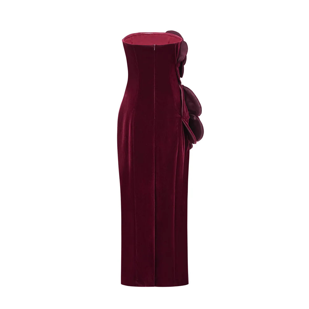 strapless velvet column dress with sculpted floral appliqué – BORDEAUX