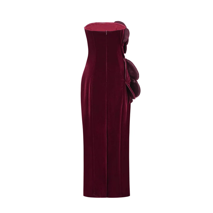 strapless velvet column dress with sculpted floral appliqué – BORDEAUX