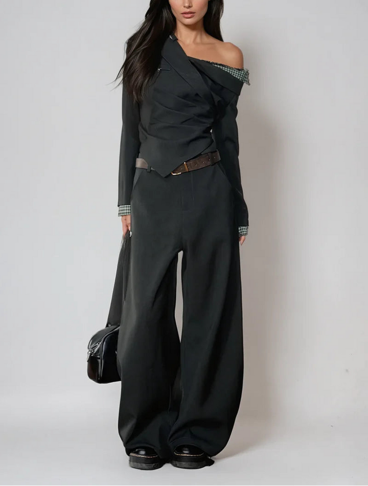 off-shoulder draped suit jacket with wide-leg trousers – NOIRÉ