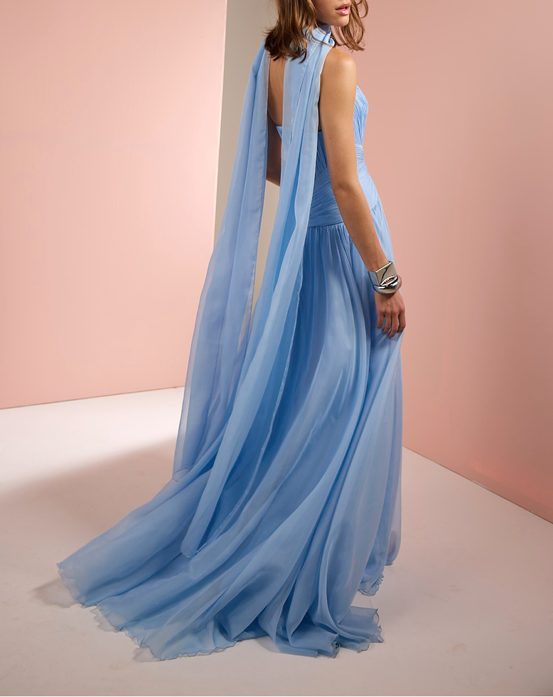 strapless pleated chiffon gown with scarf detail – SKYE