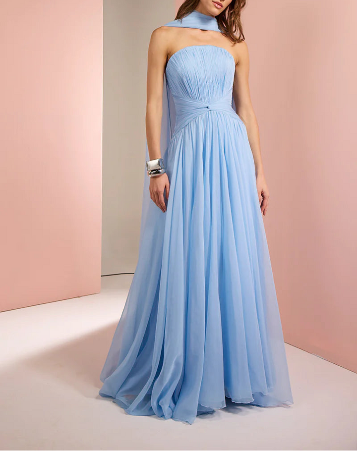 strapless pleated chiffon gown with scarf detail – SKYE