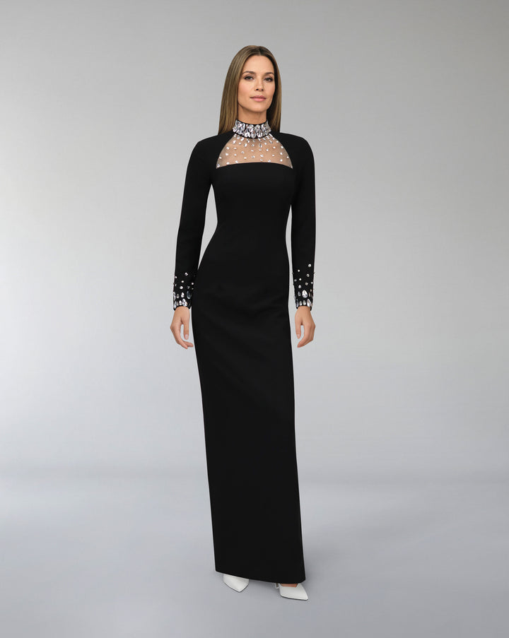 Long sleeves column dress with beaded neckline  - ZORINA