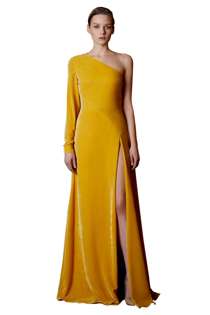 Asymmetric velvet evening gown with draped cape shoulder and slit – SALMA