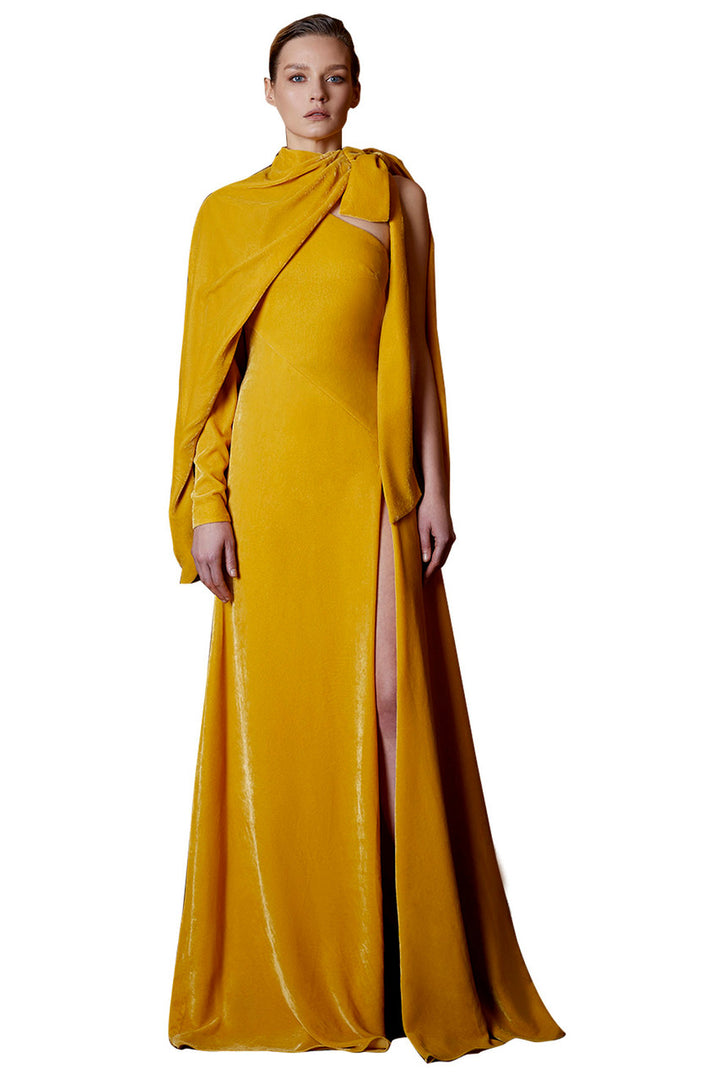 Asymmetric velvet evening gown with draped cape shoulder and slit – SALMA