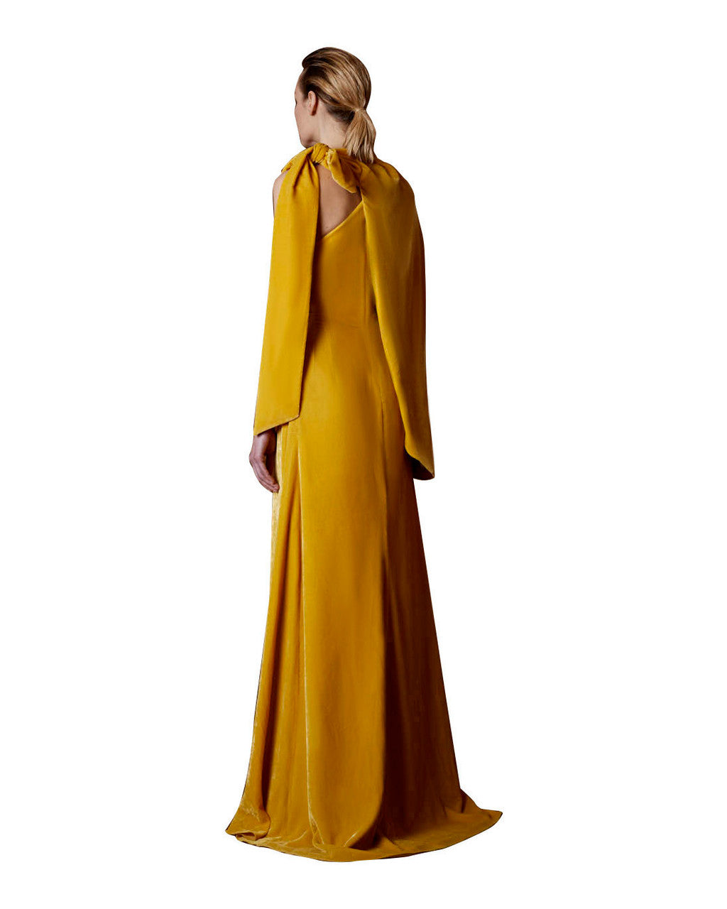 Asymmetric velvet evening gown with draped cape shoulder and slit – SALMA