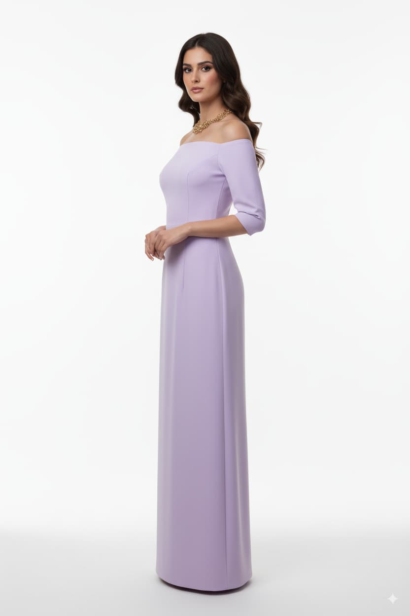 off-shoulder lilac gown with fitted bodice – AMILYA