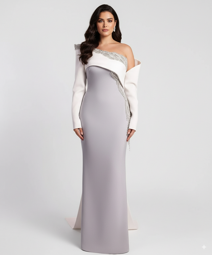 Asymmetrical column dress with structured draped sleeve – NOVII-1