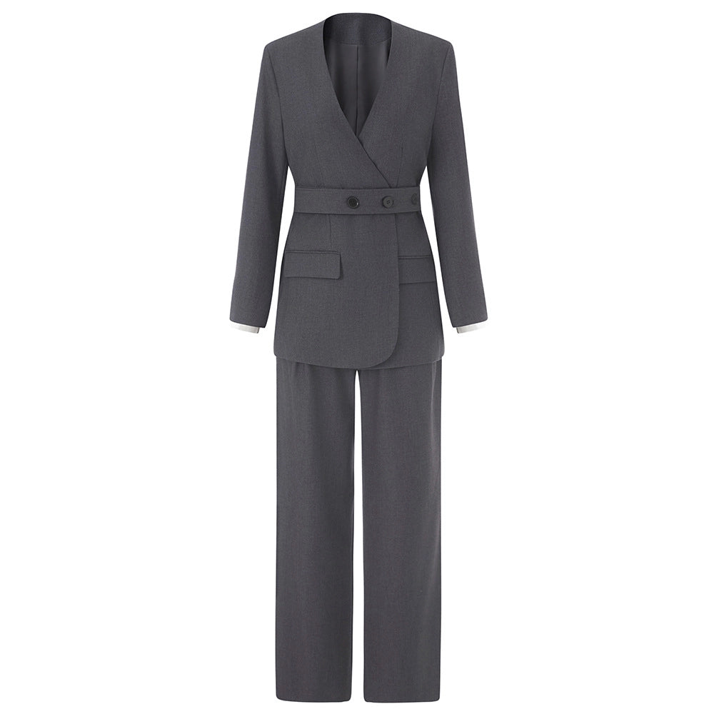 Wrap-front tailored blazer and wide-leg trousers set – GRAPHITE