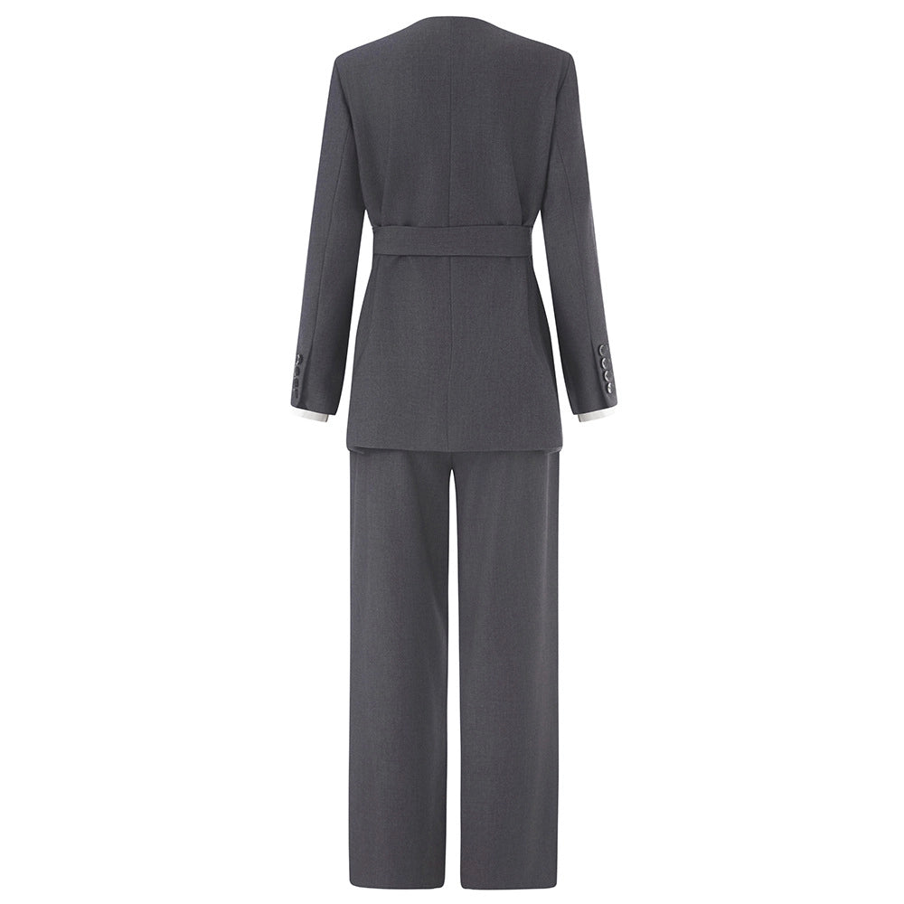 Wrap-front tailored blazer and wide-leg trousers set – GRAPHITE