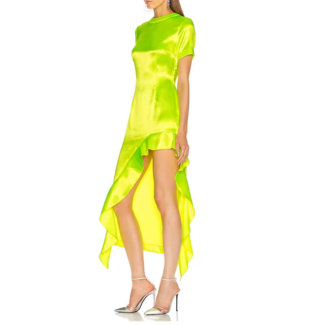 Short-sleeve satin midi dress with asymmetric ruffle hem – LIMEA