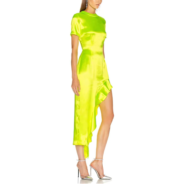 Short-sleeve satin midi dress with asymmetric ruffle hem – LIMEA