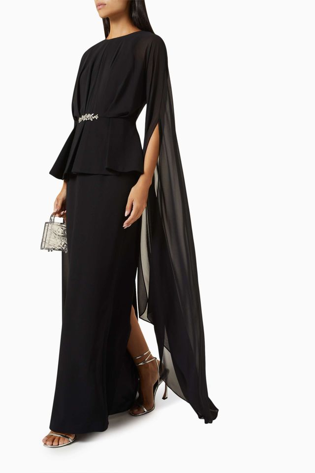 cape-sleeve embellished waist gown – NOIRH