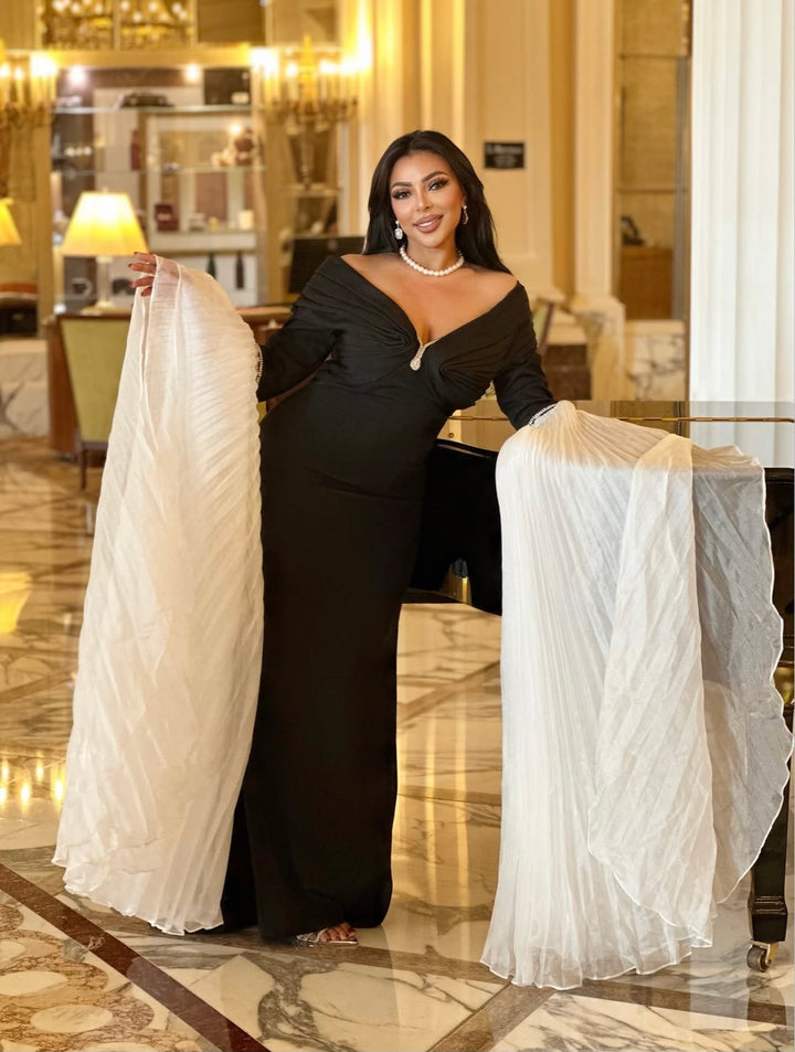 off-shoulder mermaid gown with dramatic pleated sleeves – Sherrey