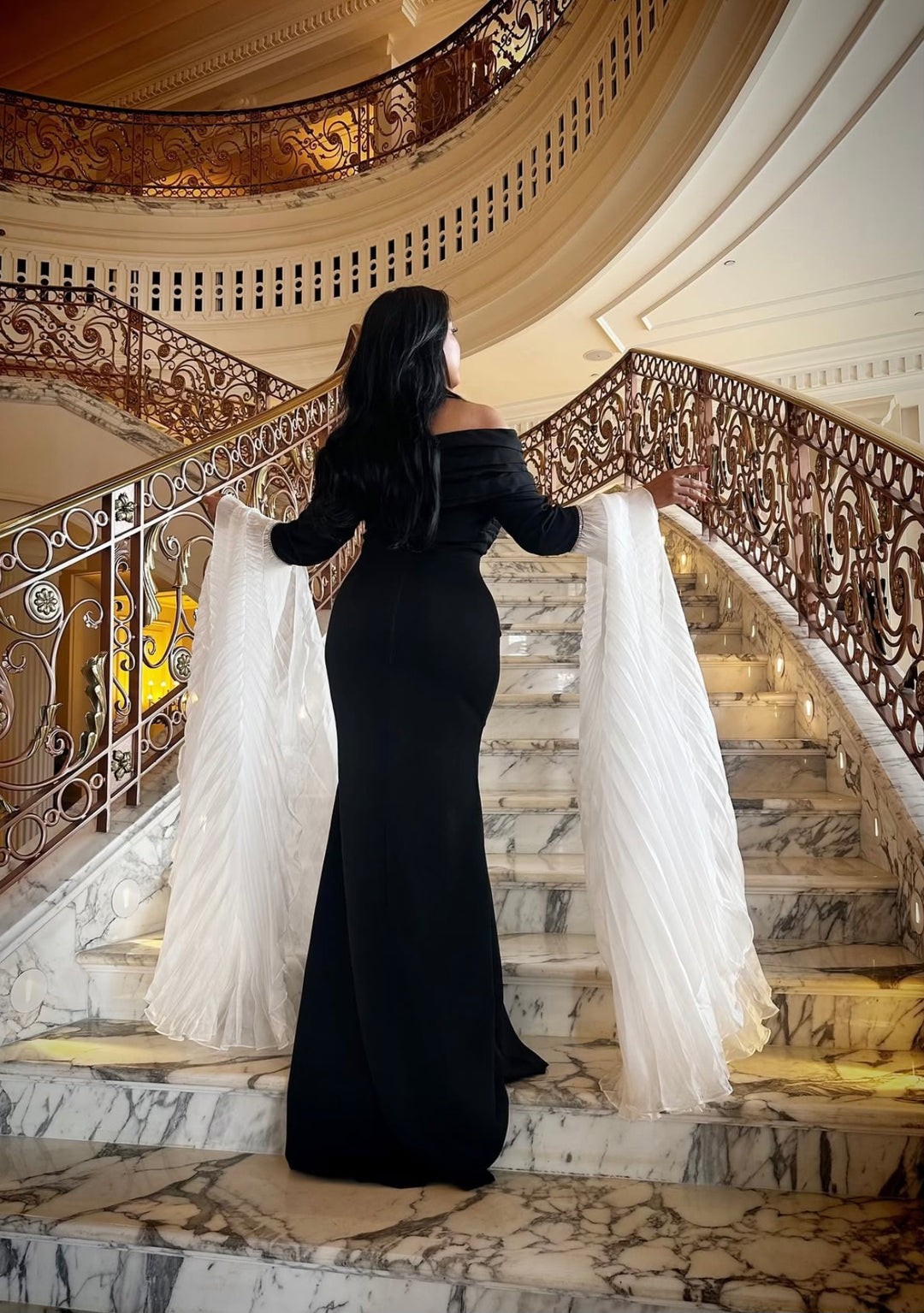 off-shoulder mermaid gown with dramatic pleated sleeves – Sherrey