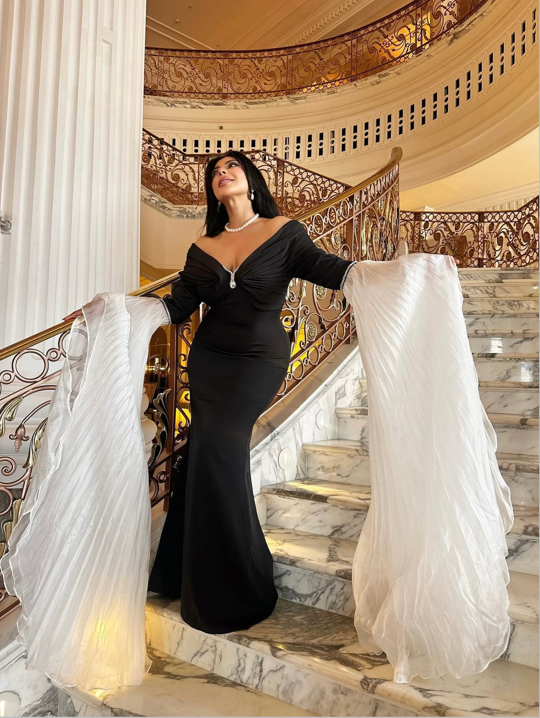 off-shoulder mermaid gown with dramatic pleated sleeves – Sherrey