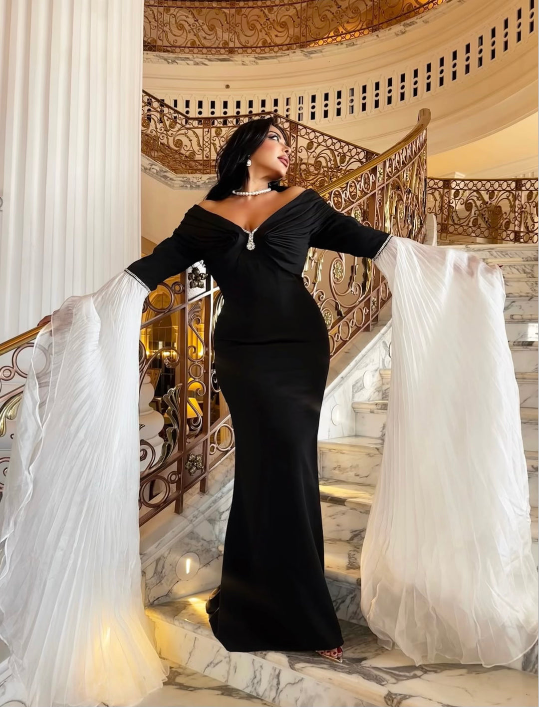 off-shoulder mermaid gown with dramatic pleated sleeves – Sherrey