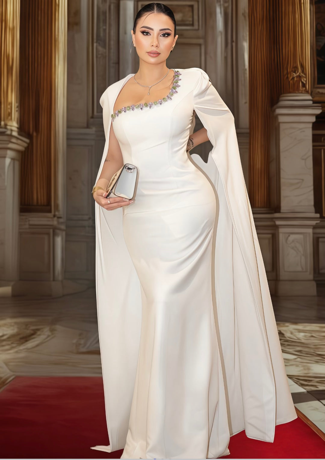 Embellished column dress with floor-length cape - Margaret