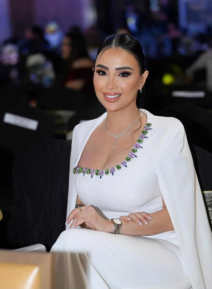 Embellished column dress with floor-length cape - Margaret