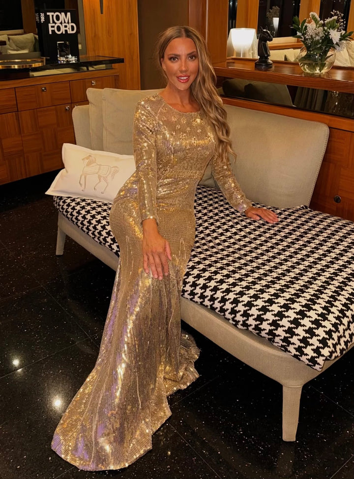 Long sleeve column dress with sequined embellishments - Jinwy