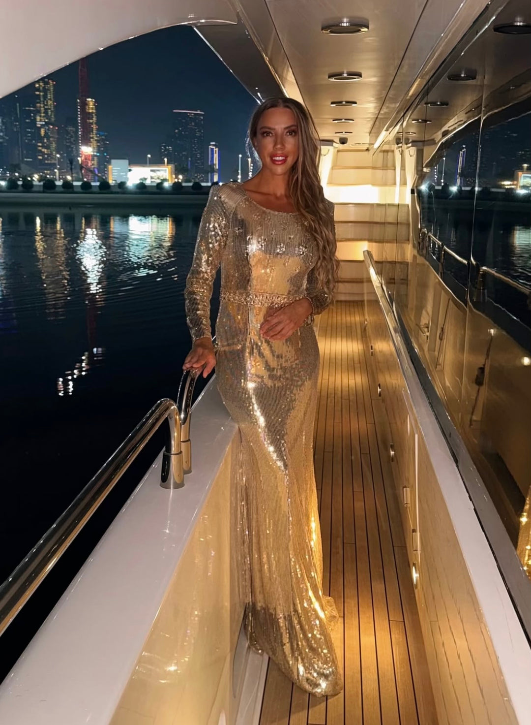 Long sleeve column dress with sequined embellishments - Jinwy