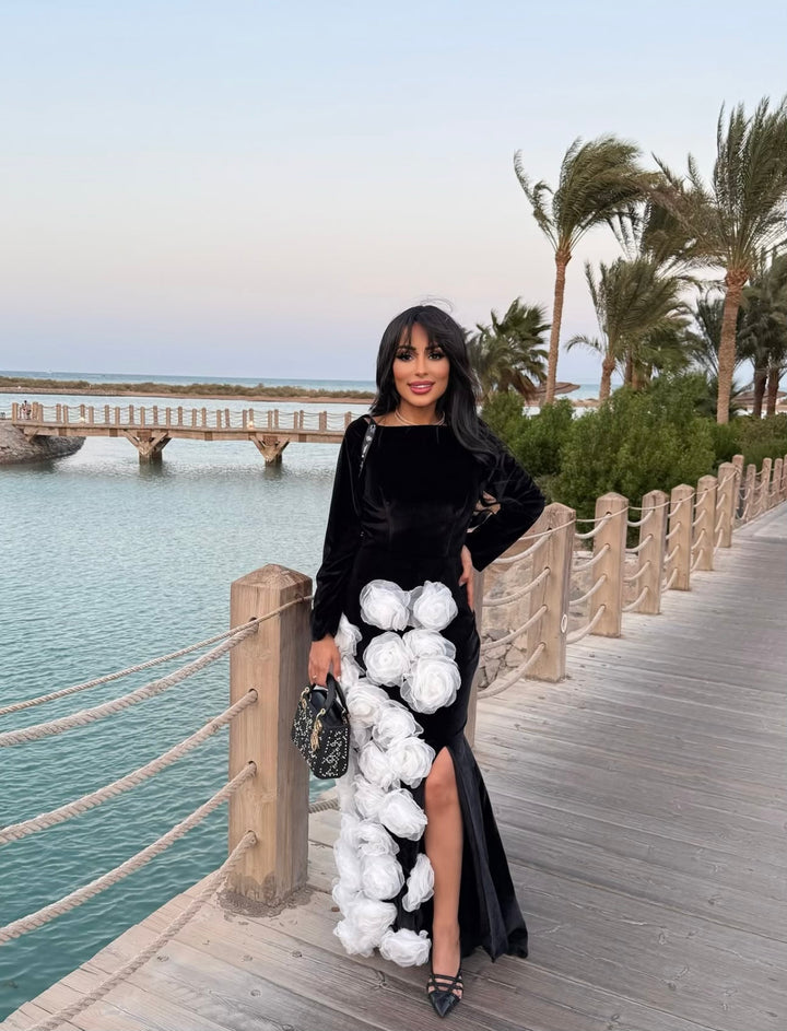 Shoulder-off column dress with 3D flowers and a train