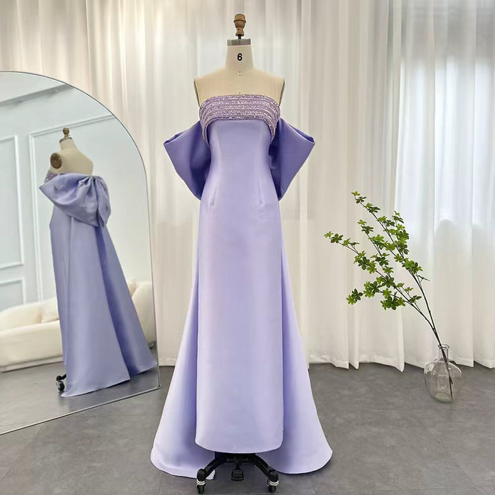 off-shoulder satin gown with beaded neckline – LILAC