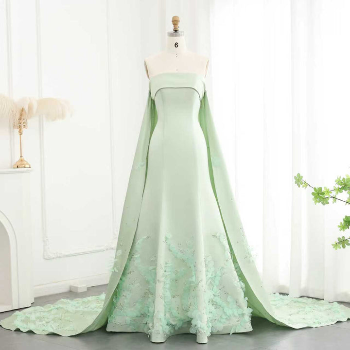 strapless crepe gown with floral appliqué cape – EMERALD