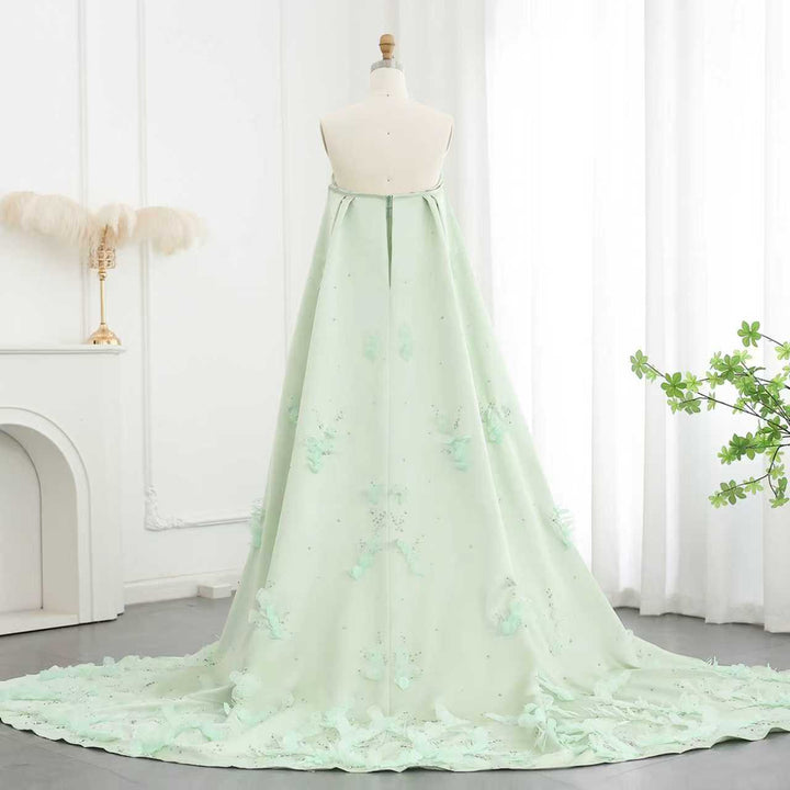 strapless crepe gown with floral appliqué cape – EMERALD