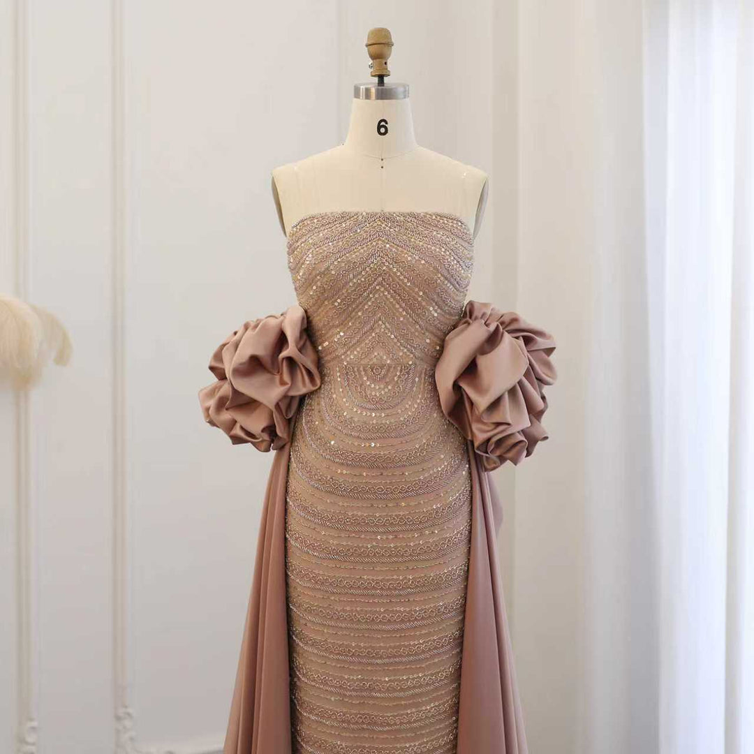 strapless beaded column gown with ruffled sleeves – AURORA