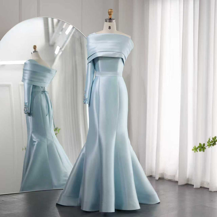 off-shoulder satin mermaid gown with draped cape – ARIA