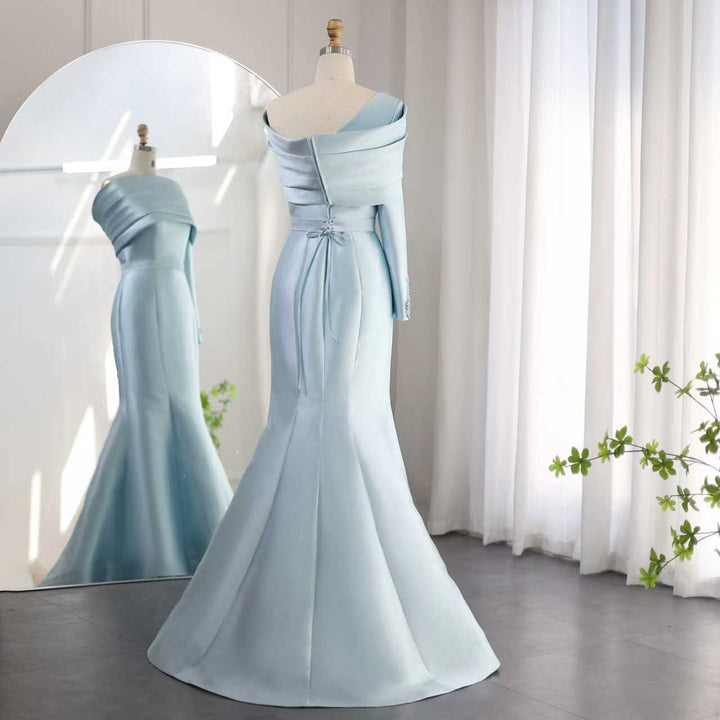 off-shoulder satin mermaid gown with draped cape – ARIA