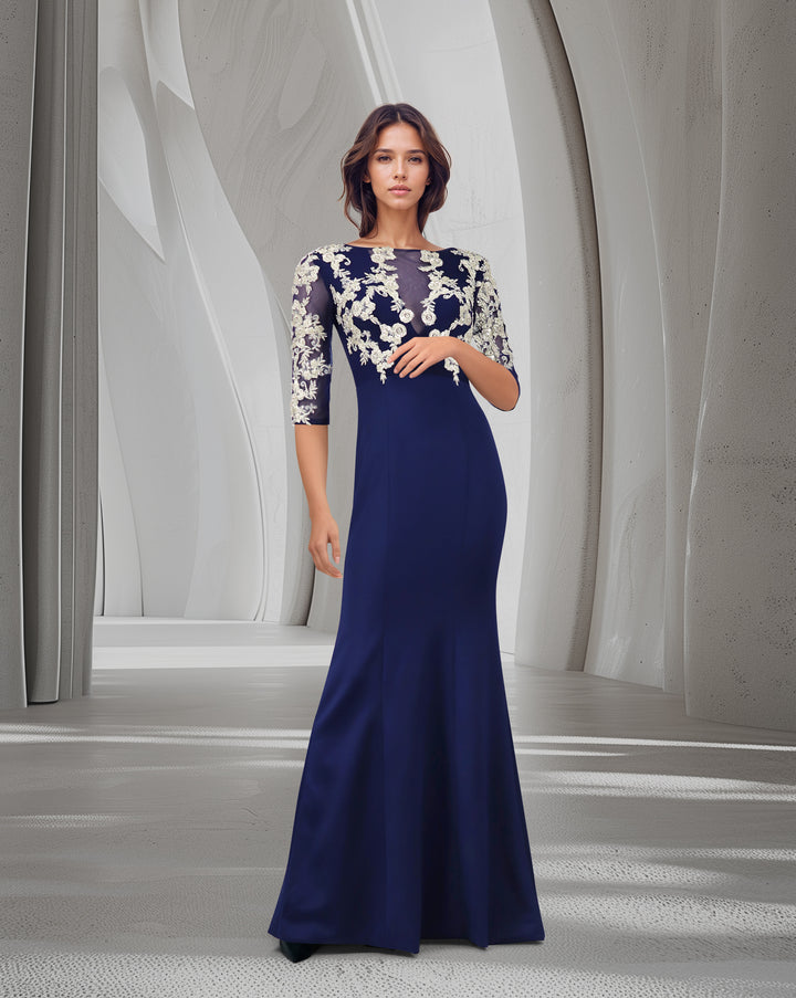 Blue Floor-Length Dress with see-through sequined top