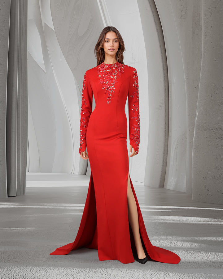 Beaded long-sleeve dress, with side slits and train