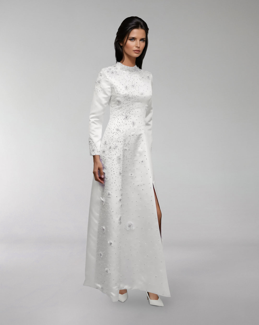 high-neck satin gown with crystal embellishments – ELYANA