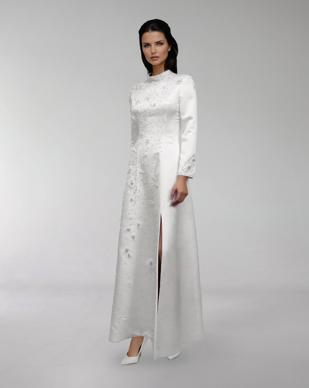 high-neck satin gown with crystal embellishments – ELYANA