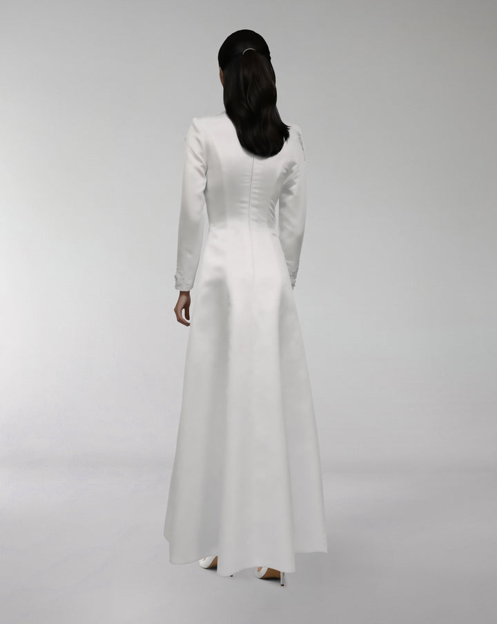 high-neck satin gown with crystal embellishments – ELYANA