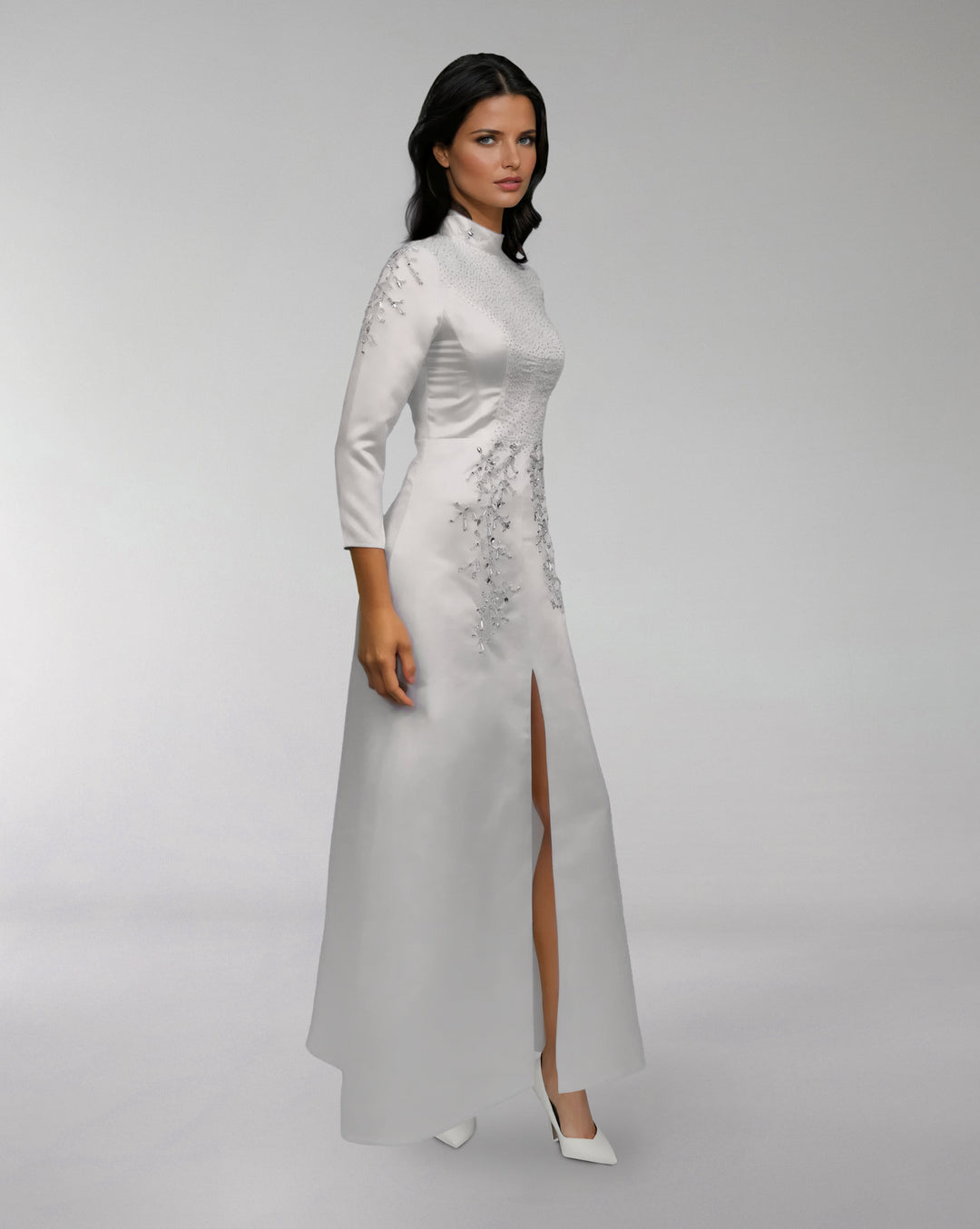 high-neck satin gown with floral embroidery – CRESSIDA