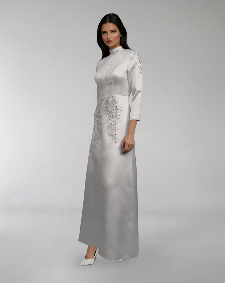 high-neck satin gown with floral embroidery – CRESSIDA