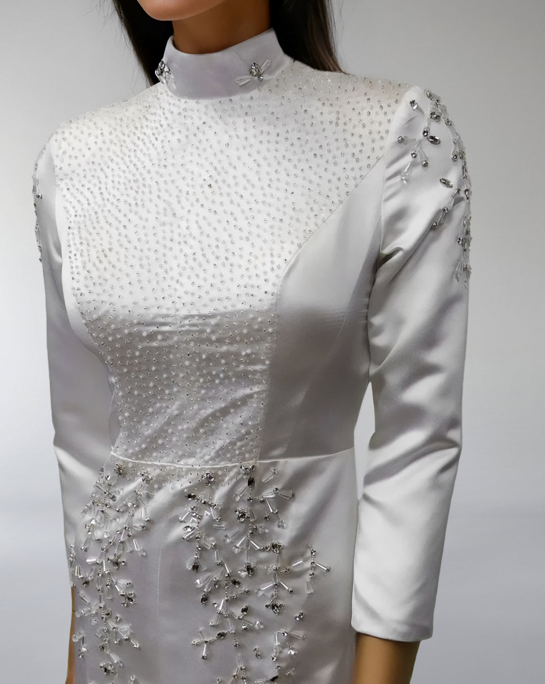 high-neck satin gown with floral embroidery – CRESSIDA